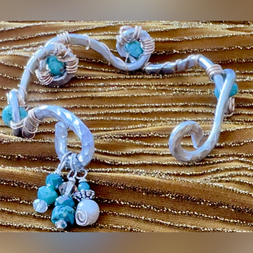 One of a Kind Handcrafted Rolling Waves Silver Turquoise Wire Wrapped Bracelet
